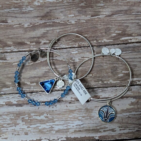 Alex and Ani Blue Lotus 3 Bracelet Set New with Tags Adjustable Bracelets - Picture 1 of 4